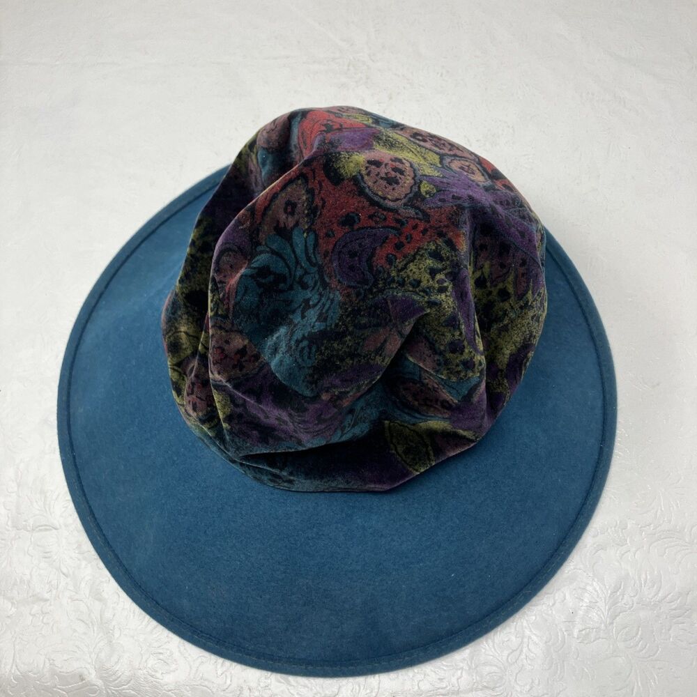 Eric Javits Hat Velvet Velour Bucket Felt Wool Wide Large Brim VTG Boho Teal - Picture 7 of 8